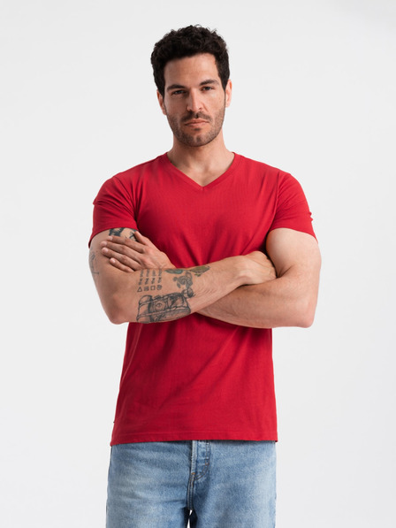 Ombre Clothing Červené pánské bavlněné basic tričko s výstřihem Ombre Clothing