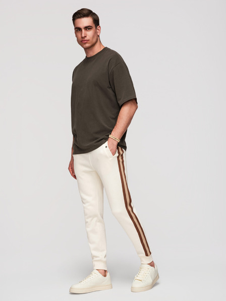 Ombre Clothing Pánské tepláky s lemováním a žebrovanými nohavicemi - krémové V3 P1519 Ombre Clothing