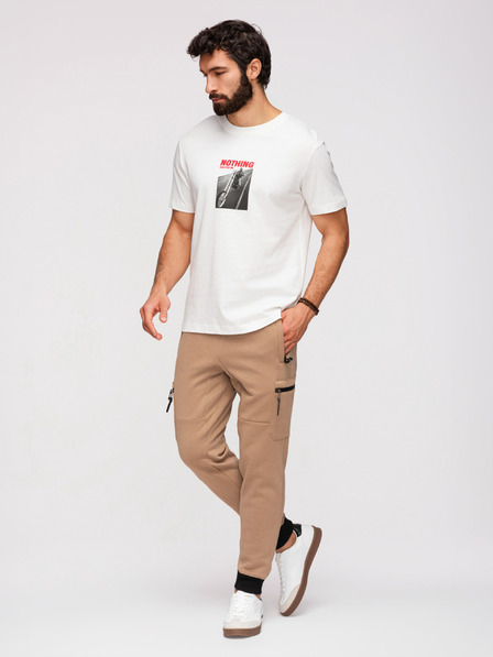 Ombre Clothing Pánské tepláky JOGGER s kapsami na stehnech a kontrastními vsadkami - světle hnědé V4 OM-PASK-0222 Ombre Clothing