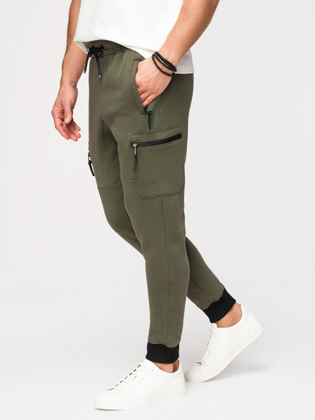 Ombre Clothing Pánské tepláky JOGGER s kapsami na stehnech a kontrastními vsadkami - olivová V5 OM-PASK-0222 Ombre Clothing