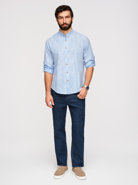 Ombre Clothing Pánská pruhovaná lněná košile se stojáčkem - bílá a modrá V2 OM-SHCS-0189 Ombre Clothing