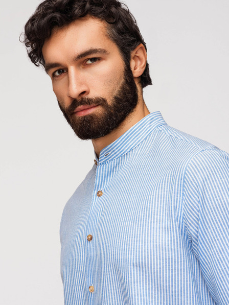 Ombre Clothing Pánská pruhovaná lněná košile se stojáčkem - bílá a modrá V2 OM-SHCS-0189 Ombre Clothing