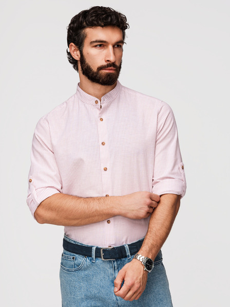 Ombre Clothing Pánská pruhovaná lněná košile se stojáčkem - bílá a růžová V3 OM-SHCS-0189 Ombre Clothing