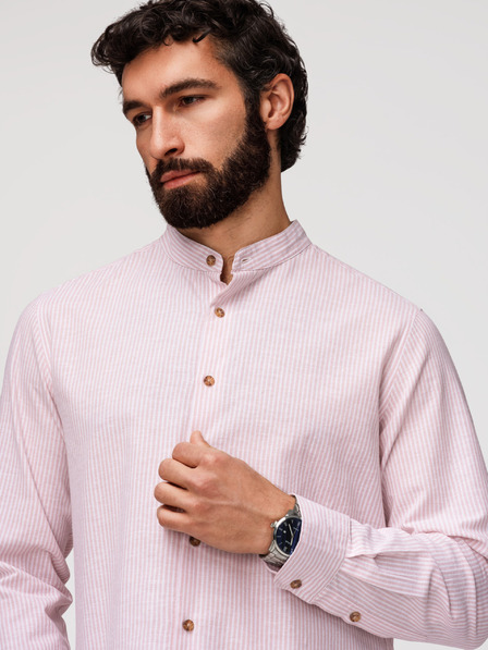 Ombre Clothing Pánská pruhovaná lněná košile se stojáčkem - bílá a růžová V3 OM-SHCS-0189 Ombre Clothing