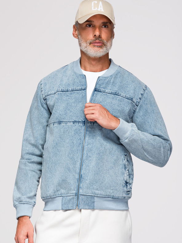 Ombre Clothing Pánská džínová bunda bomber s efektem stone wash - světle modrá V3 OM-JADJ-0163 Ombre Clothing