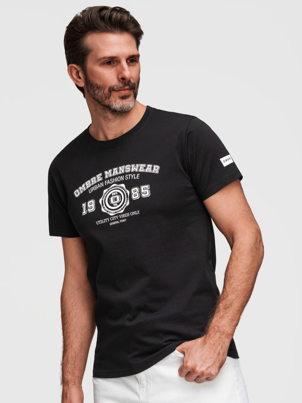 Ombre Clothing Pánské bavlněné tričko s potiskem College - V2 black OM-TSPT-0269 Ombre Clothing