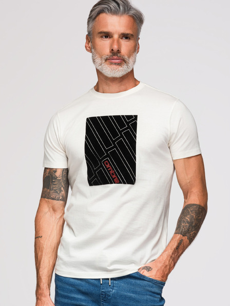 Ombre Clothing Pánské bavlněné tričko s geometrickým potiskem - bílé V1 OM-TSPT-0259 Ombre Clothing