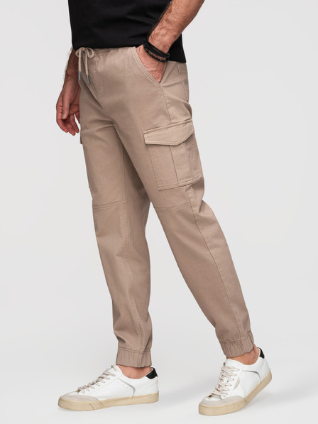 Ombre Clothing Pánské kalhoty JOGGERY s cargo kapsami na zip - béžové V2 OM-PAJO-0290 Ombre Clothing