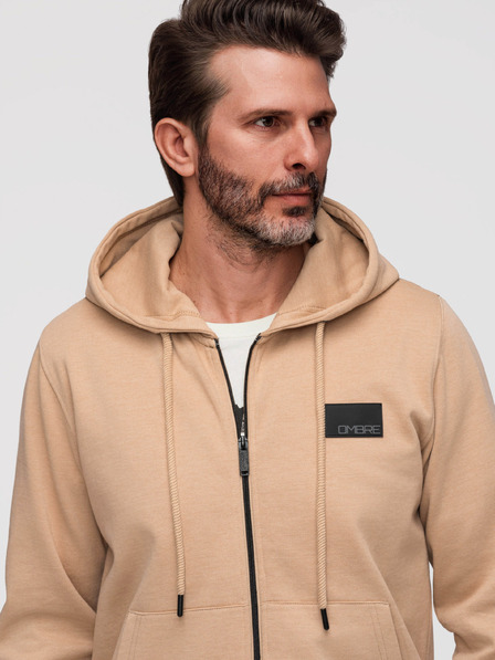 Ombre Clothing Pánská mikina na zip s kapucí a nášivkou - sand V2 OM-SSZP-0256 Ombre Clothing