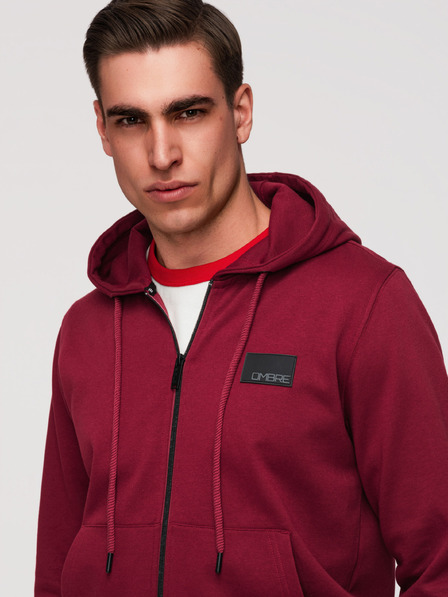 Ombre Clothing Pánská mikina bez knoflíků s kapucí a nášivkou - červená V3 OM-SSZP-0256 Ombre Clothing