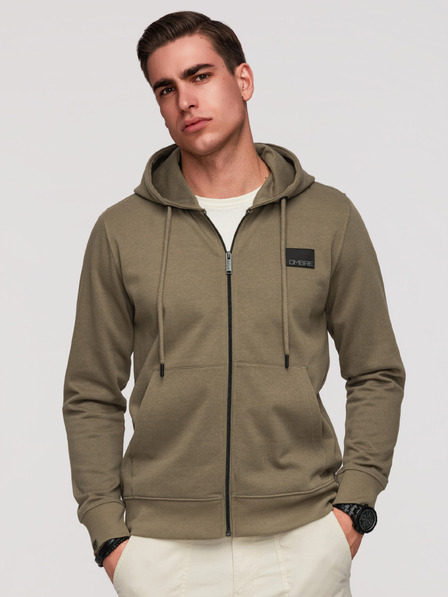 Ombre Clothing Pánská mikina bez knoflíků s kapucí a nášivkou - olivová V4 OM-SSZP-0256 Ombre Clothing