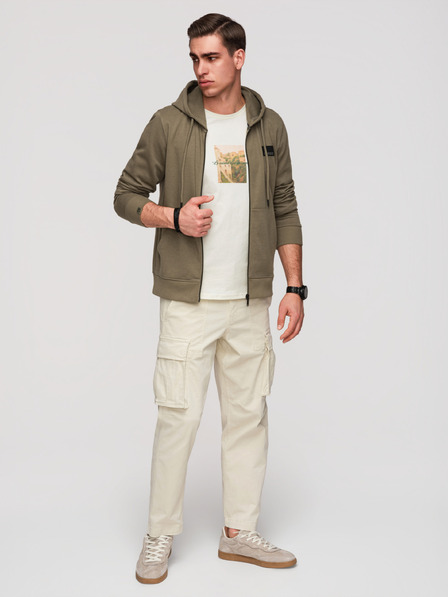 Ombre Clothing Pánská mikina bez knoflíků s kapucí a nášivkou - olivová V4 OM-SSZP-0256 Ombre Clothing