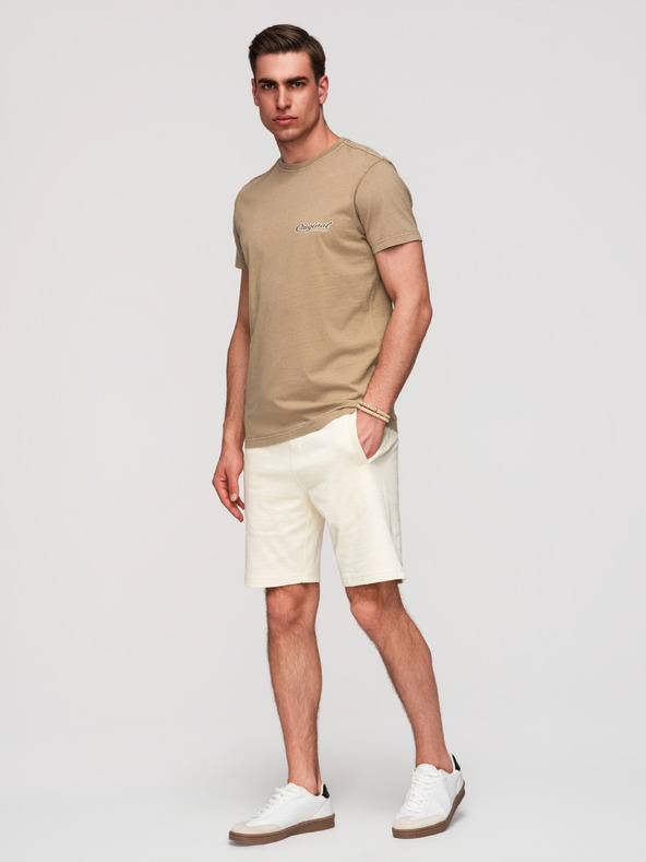 Ombre Clothing Pánské bavlněné šortky s lemem a kapsami - krémové V12 OM-SRBS-0205 Ombre Clothing