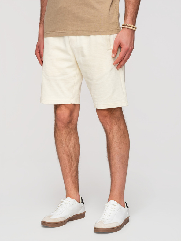 Ombre Clothing Pánské bavlněné šortky s lemem a kapsami - krémové V12 OM-SRBS-0205 Ombre Clothing