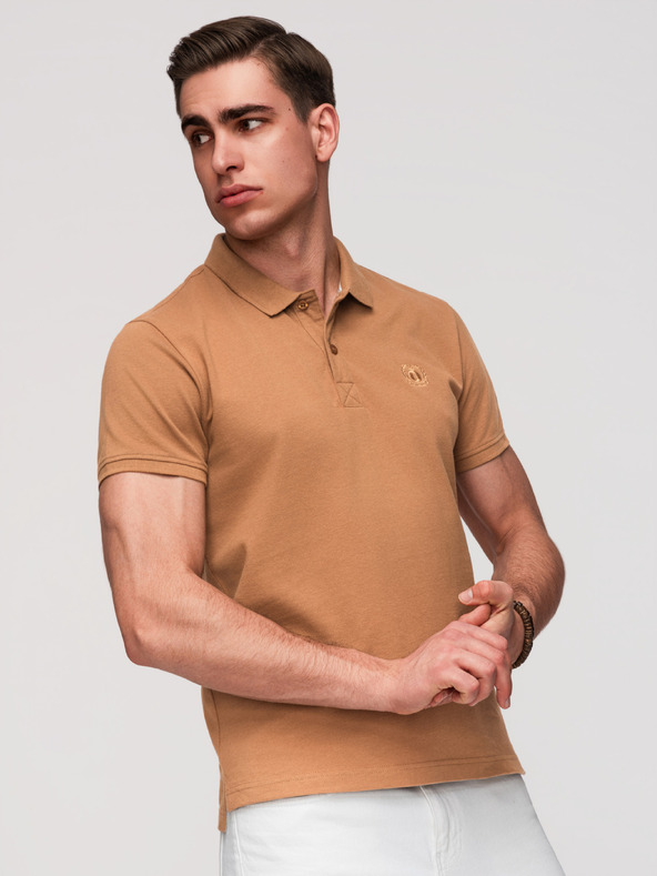 Ombre Clothing Pánská bavlněná polokošile BASIC - bílá/bílá/světle hnědá V6 OM-POBS-0171 Ombre Clothing