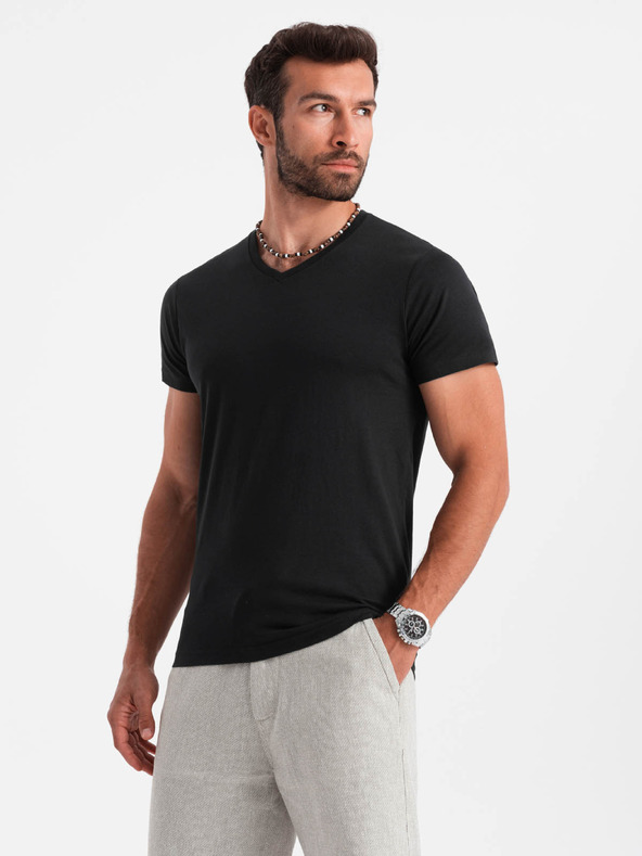 Ombre Clothing Černé pánské basic tričko s véčkovým výstřihem Ombre Clothing
