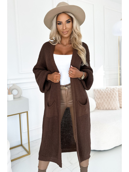 numoco basic Cardigan - dlouhý svetrový plášť s kapsami - čokoládová barva