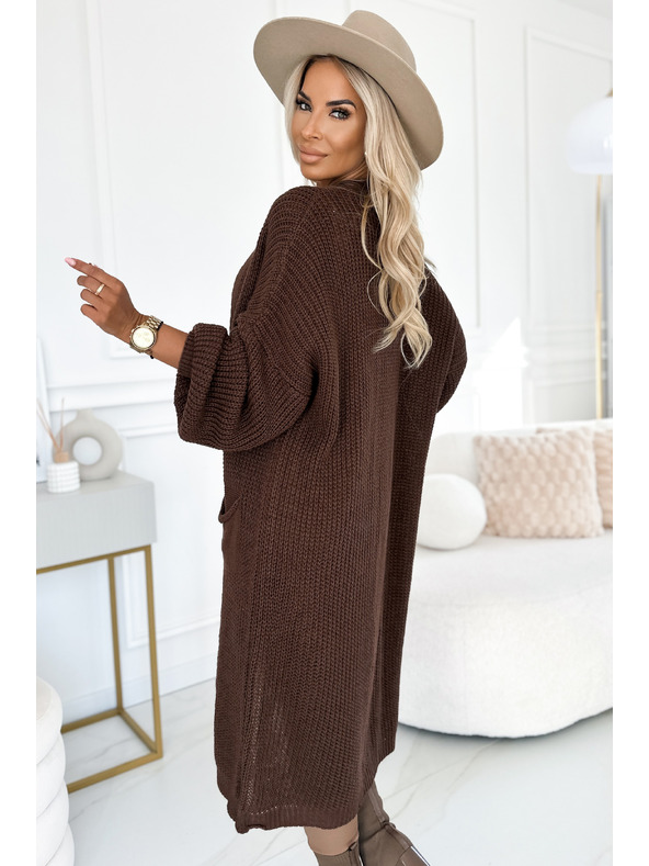 numoco basic Cardigan - dlouhý svetrový plášť s kapsami - čokoládová barva