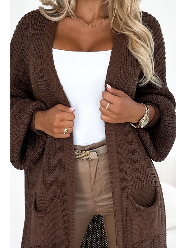 numoco basic Cardigan - dlouhý svetrový plášť s kapsami - čokoládová barva