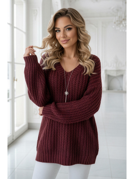 numoco basic Teplý oversized svetr s hustou tkaninou a výstřihem do V - vínový