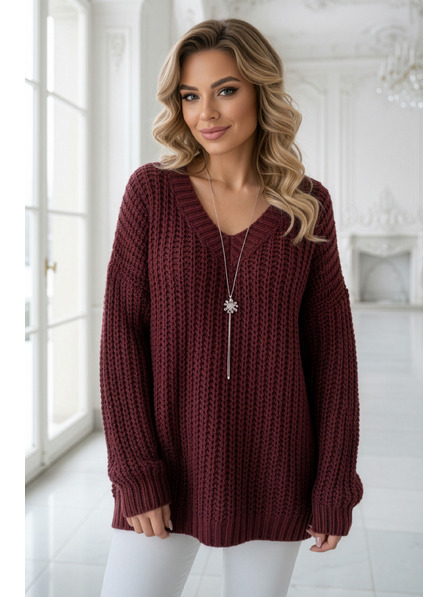 numoco basic Teplý oversized svetr s hustou tkaninou a výstřihem do V - vínový