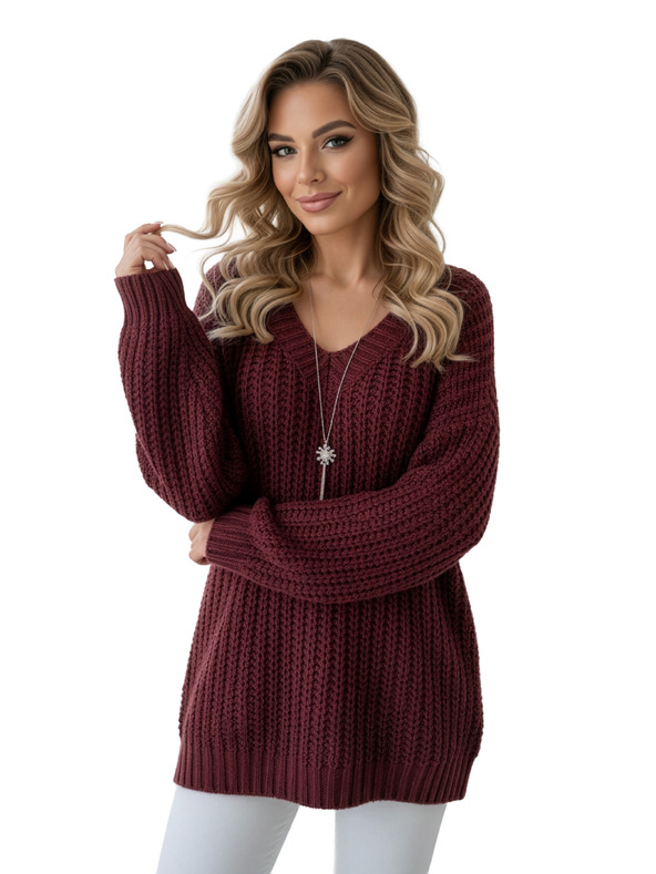 numoco Teplý oversized svetr s hustou tkaninou a výstřihem do V - vínový