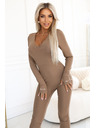 numoco Pohodlný a elegantní žebrovaný dámský overal s výstřihem - mocha mousse