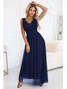 numoco basic Dlouhé večerní šaty s brokátovým akcentem a hlubokým výstřihem - tmavě modré