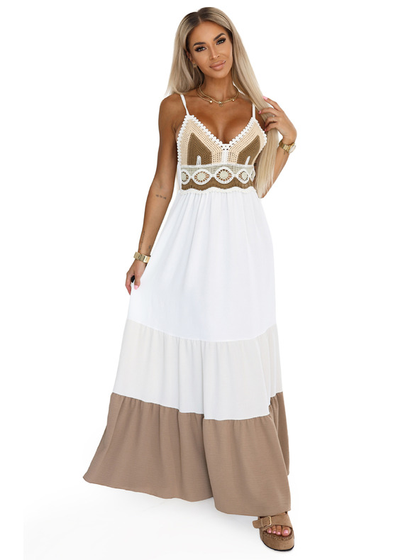 numoco basic Dlouhé béžovo-bílé šaty bez ramínek s háčkovaným topem - boho