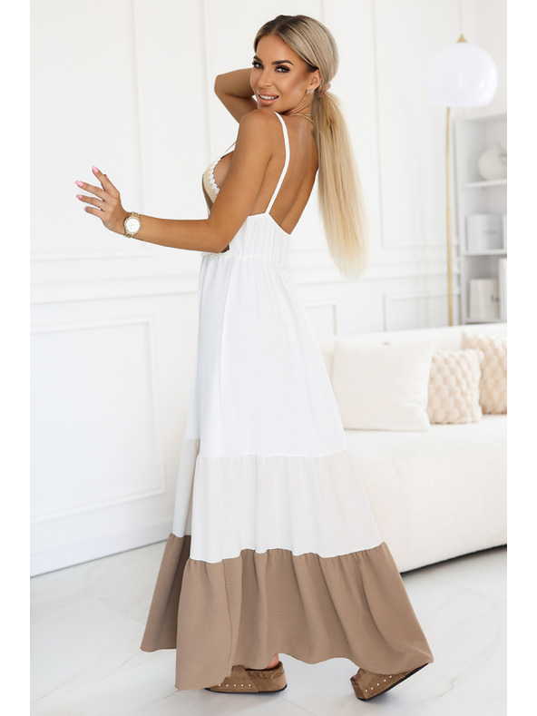 numoco basic Dlouhé béžovo-bílé šaty bez ramínek s háčkovaným topem - boho