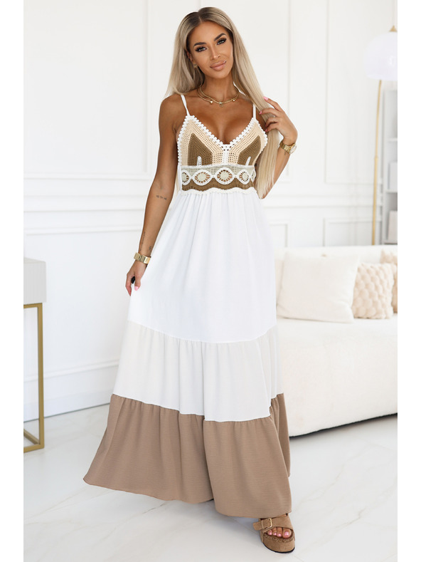 numoco basic Dlouhé béžovo-bílé šaty bez ramínek s háčkovaným topem - boho