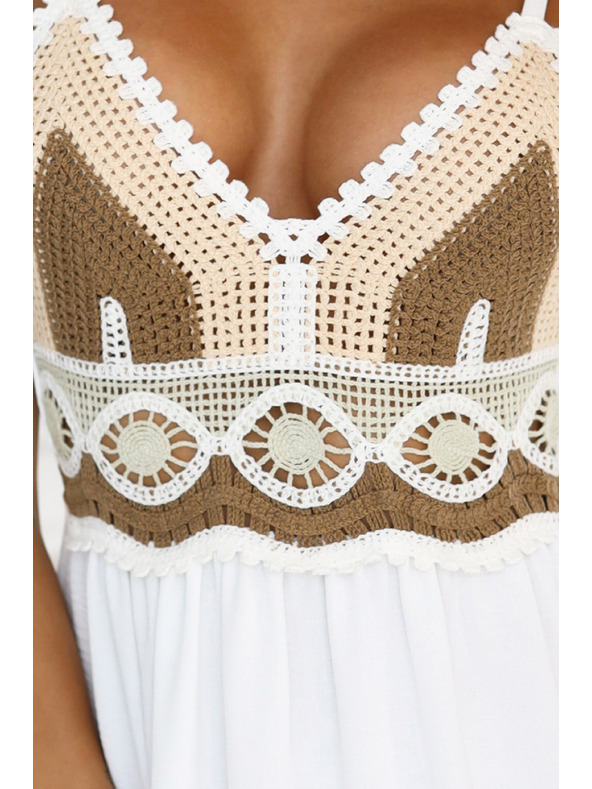 numoco basic Dlouhé béžovo-bílé šaty bez ramínek s háčkovaným topem - boho