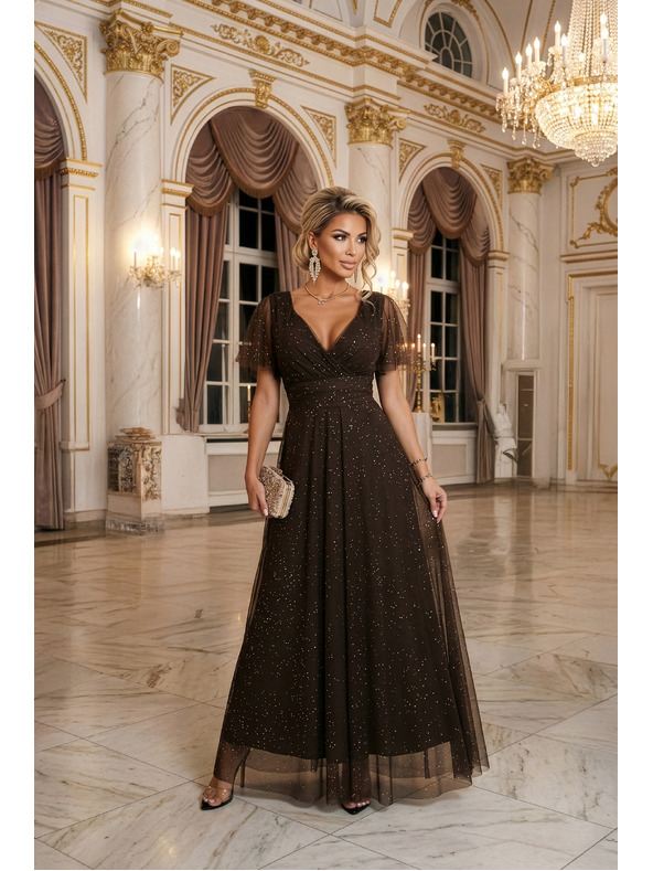 numoco MELANIA dlouhé, lesklé šaty s výstřihem a krátkými rukávy - čokoládové