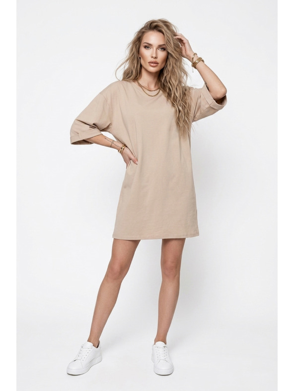 numoco basic Volné oversize šaty z bavlny s krátkým rukávem - béžové