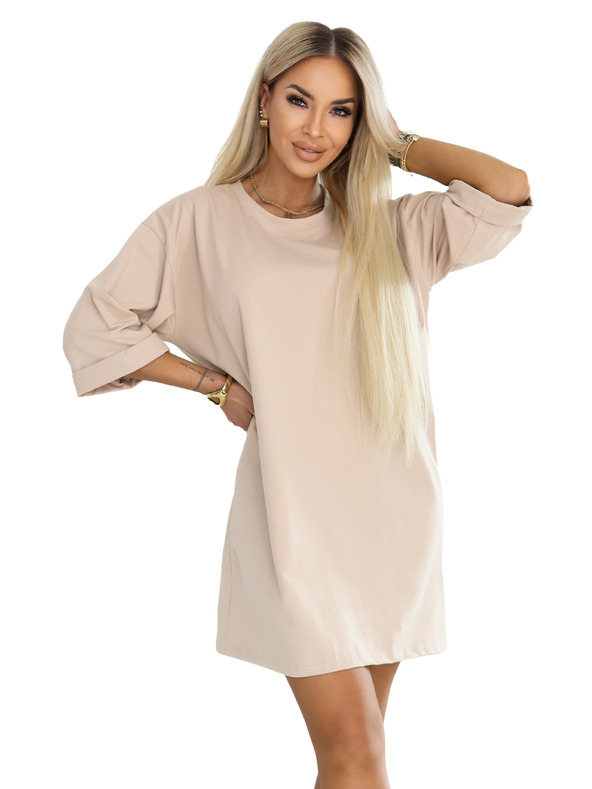 numoco basic Volné oversize šaty z bavlny s krátkým rukávem - béžové
