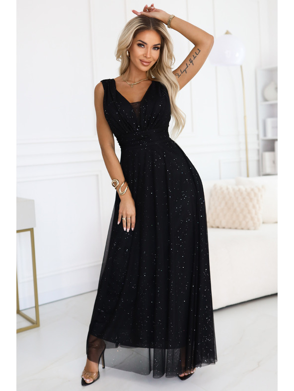 numoco basic Langes Abendkleid mit Glitzer-Akzent und tiefem Ausschnitt - Schwarz