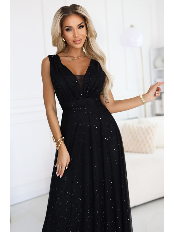 numoco basic Langes Abendkleid mit Glitzer-Akzent und tiefem Ausschnitt - Schwarz