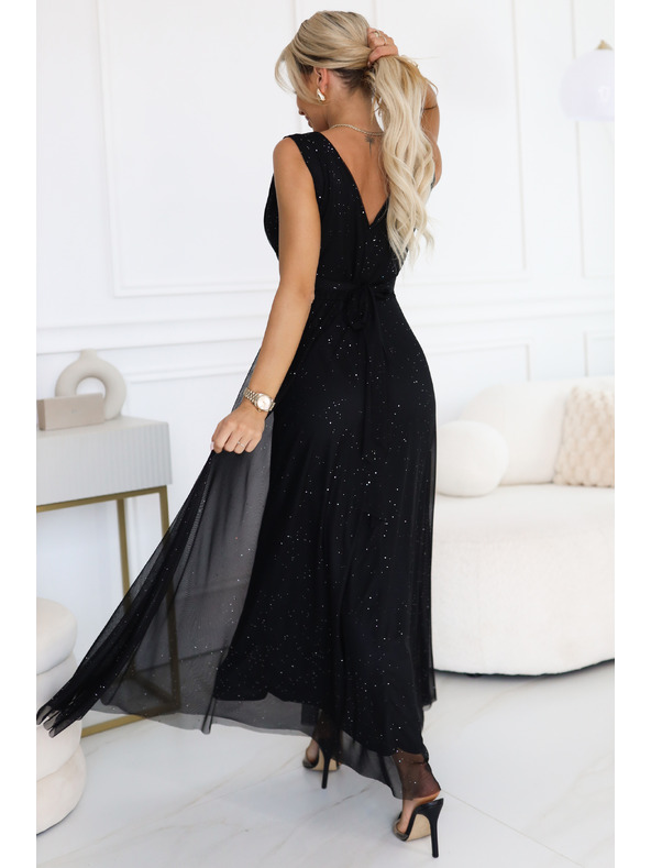 numoco basic Langes Abendkleid mit Glitzer-Akzent und tiefem Ausschnitt - Schwarz