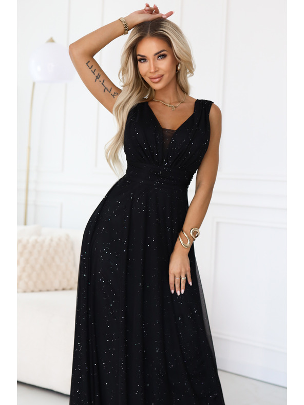 numoco basic Langes Abendkleid mit Glitzer-Akzent und tiefem Ausschnitt - Schwarz