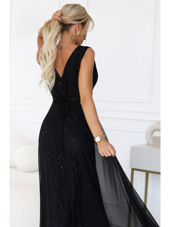 numoco basic Langes Abendkleid mit Glitzer-Akzent und tiefem Ausschnitt - Schwarz