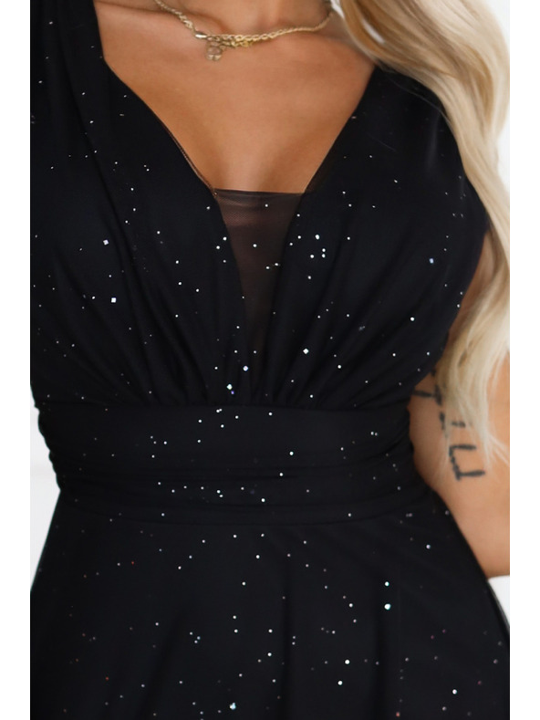 numoco basic Langes Abendkleid mit Glitzer-Akzent und tiefem Ausschnitt - Schwarz