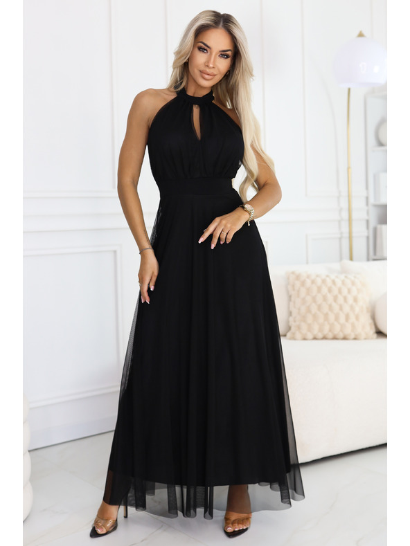 numoco basic Elegantní večerní maxi šaty halter s tylem a vázáním v pase - černé