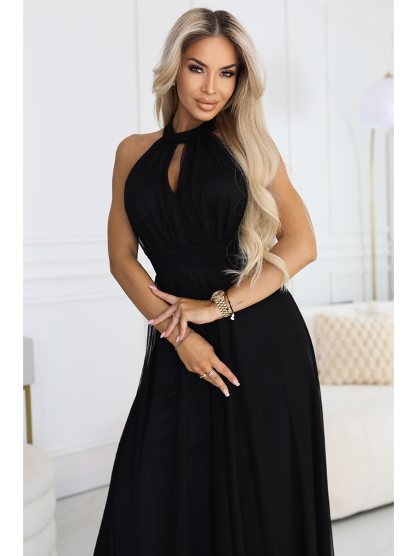 numoco basic Elegantní večerní maxi šaty halter s tylem a vázáním v pase - černé