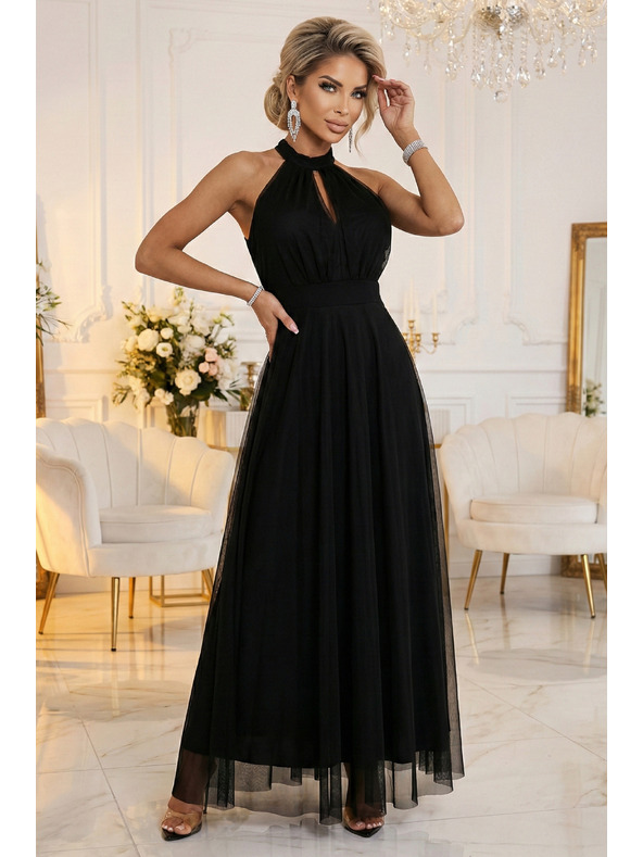 numoco basic Elegantní večerní maxi šaty halter s tylem a vázáním v pase - černé