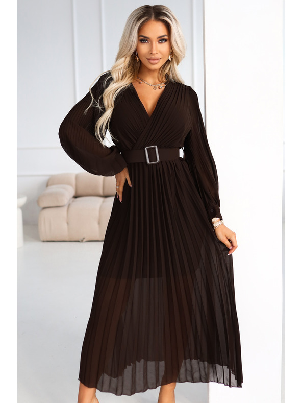 numoco basic KLARA Elegantní skládané midi šaty s páskem a výstřihem - čokoládové