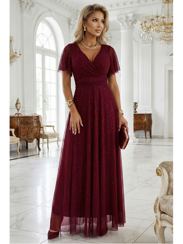 numoco basic MELANIA dlouhé, lesklé šaty s výstřihem a krátkými rukávy - vínové