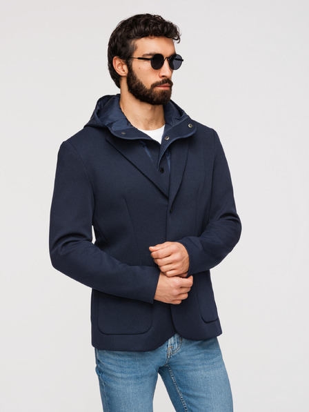 Ombre Clothing Pánská strukturovaná bunda s kapucí a vysokým límcem - tmavě modrá V3 M167 Ombre Clothing