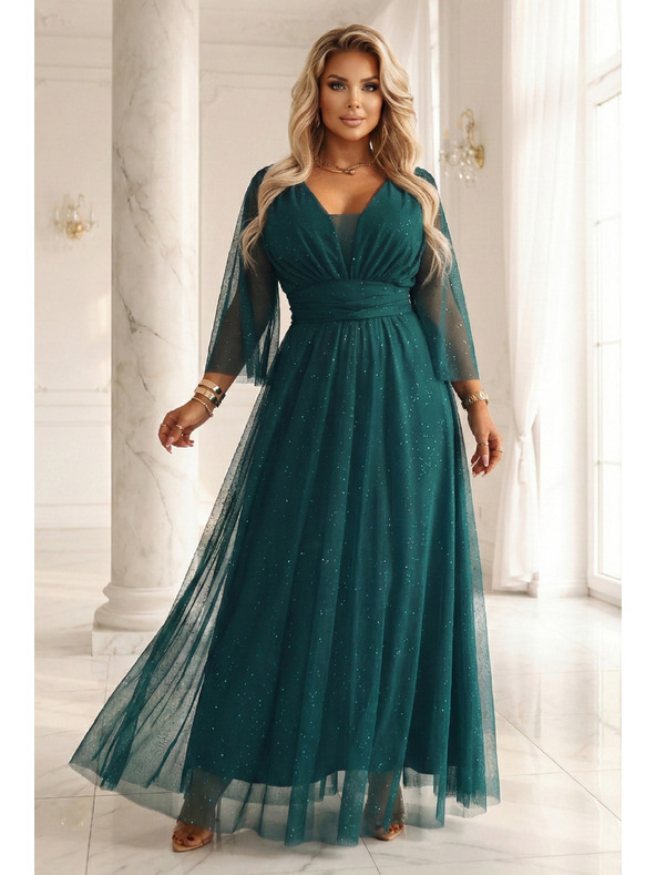 numoco basic Dlouhé, třpytivé šaty plus size s kulatým výstřihem a průsvitnými rukávy - lahvově zelené