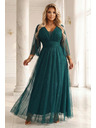 numoco basic Dlouhé, třpytivé šaty plus size s kulatým výstřihem a průsvitnými rukávy - lahvově zelené