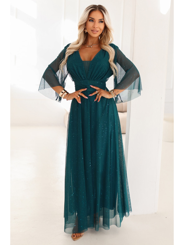 numoco basic Dlouhé, třpytivé šaty plus size s kulatým výstřihem a průsvitnými rukávy - lahvově zelené